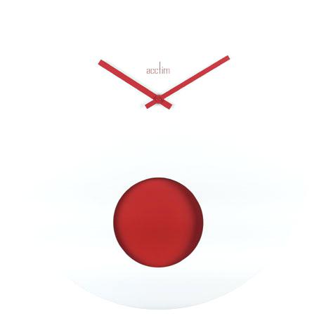 modern clock face funky round white board clock set with a jazzy red bob pendulum swinging behind the hole in the clock face and red hands for a great contrast